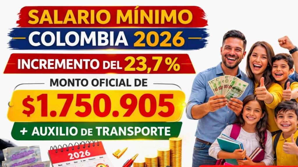 Salario mínimo Colombia 2026: incremento del 23,7 %, monto oficial de $1.750.905 más auxilio de transporte y calendario de pagos